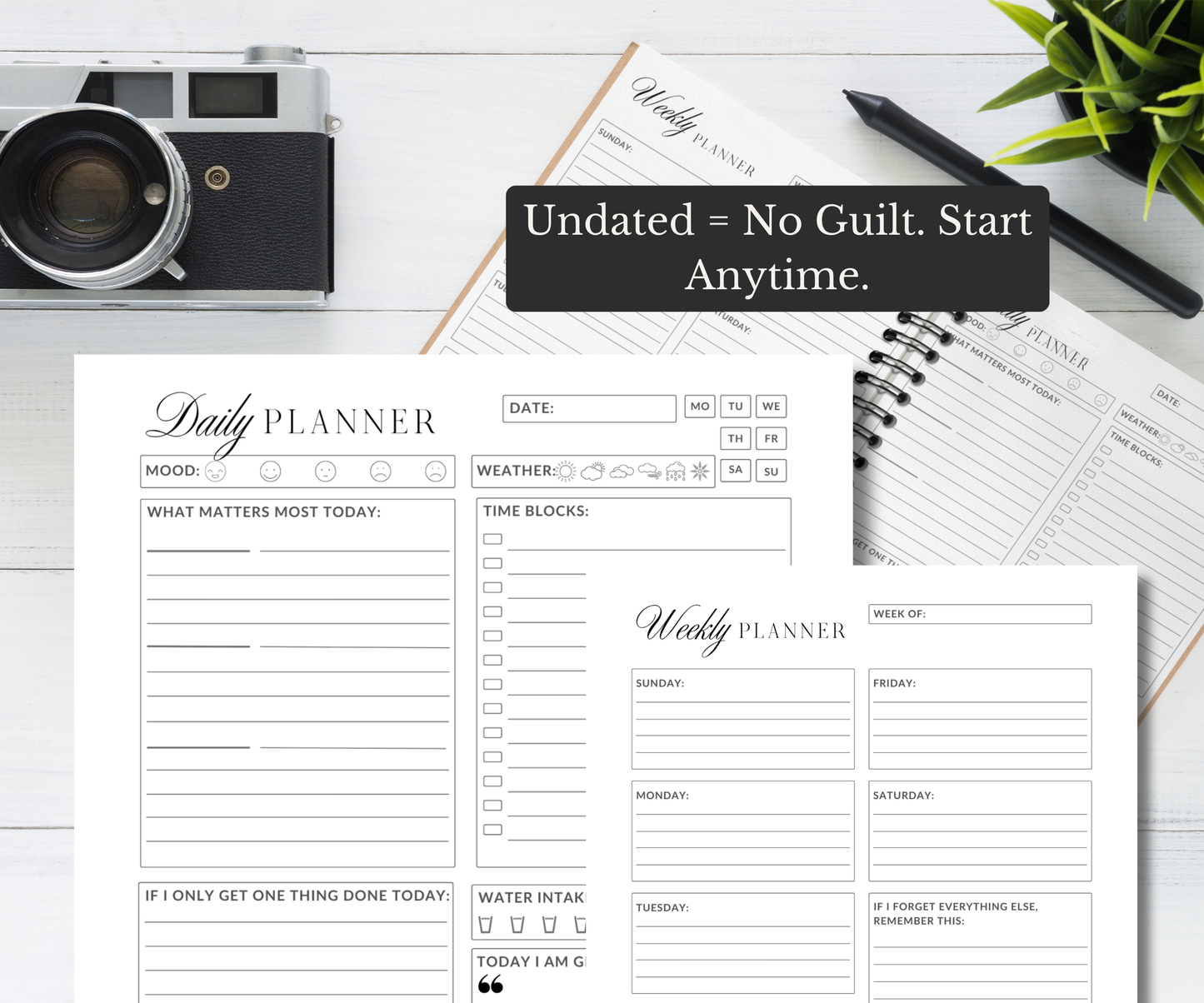 Minimalist ADHD Planner with Undated Daily Weekly and Monthly pages. Goodnotes and Notion compatible and Easy Printable PDF.