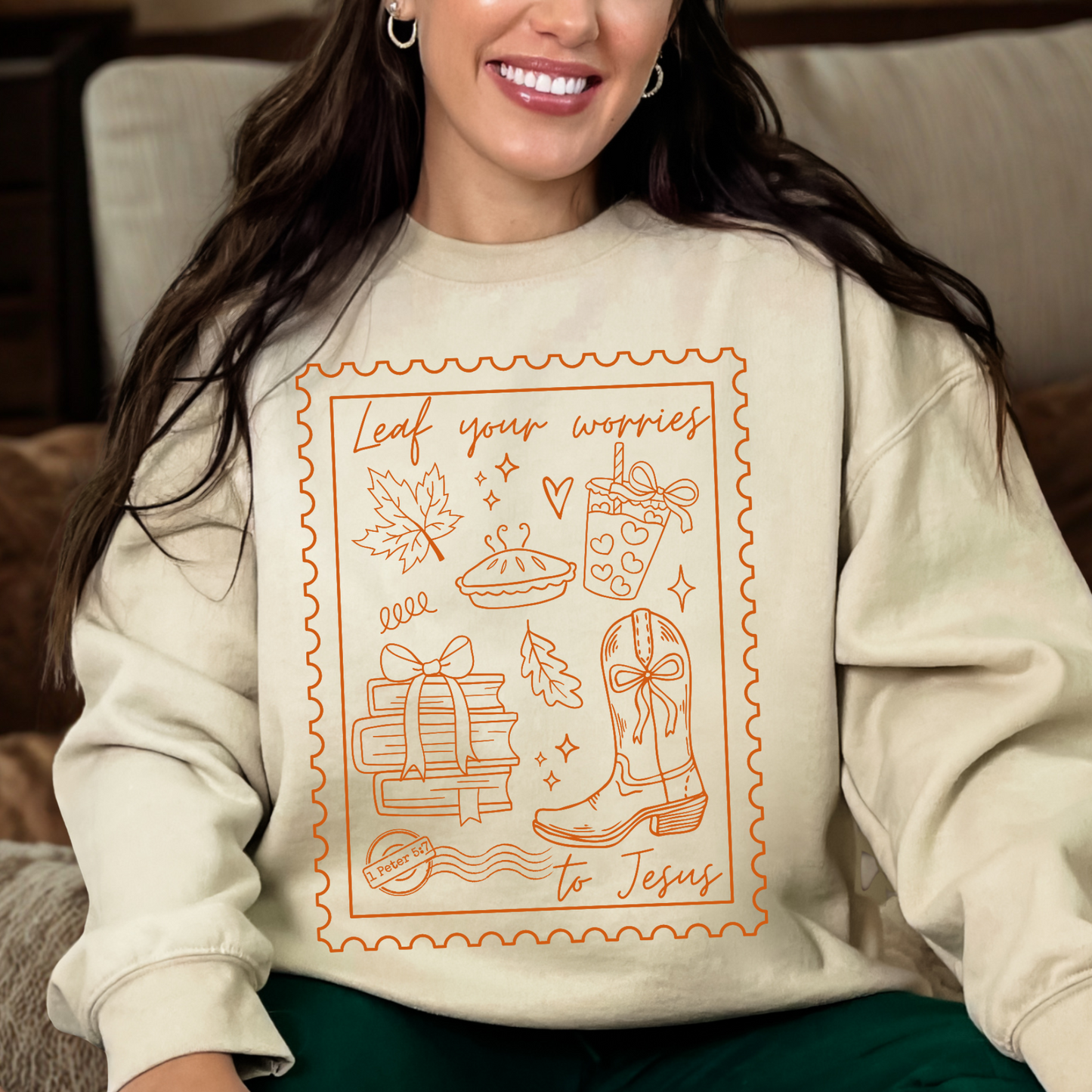 Christian Fall Sweatshirt - Leaf Your Worries to Jesus - Friendsgiving Gift - Autumn Birthday Present for Indoors Lover