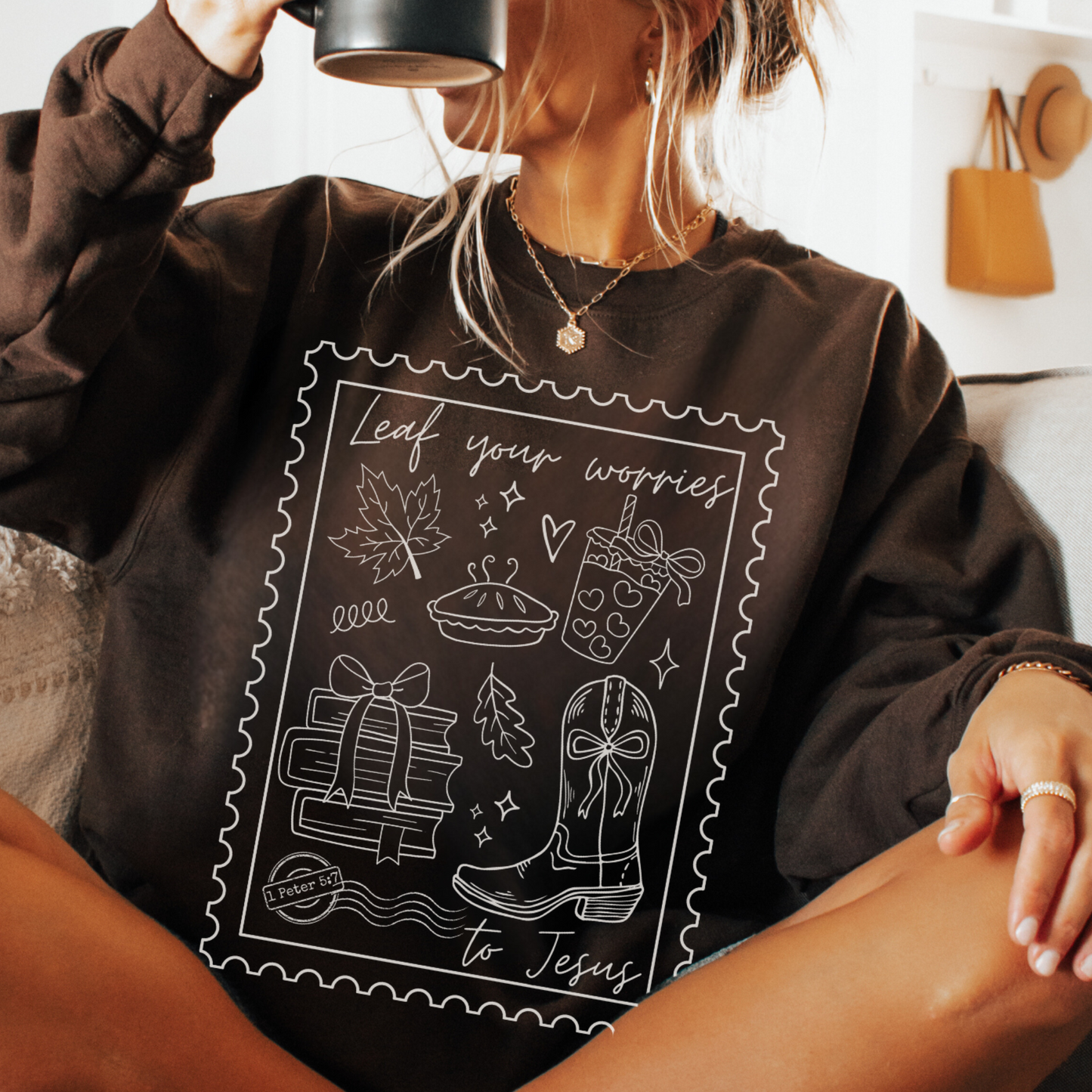 Christian Fall Sweatshirt - Leaf Your Worries to Jesus - Friendsgiving Gift - Autumn Birthday Present for Indoors Lover
