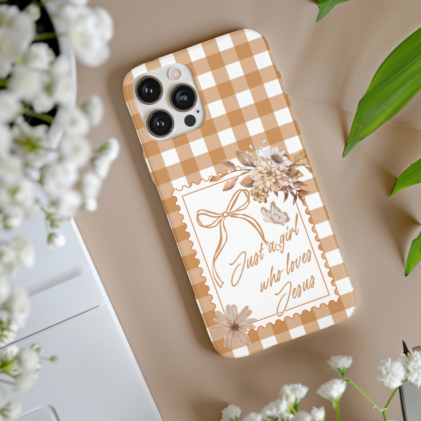 Just a Girl who Loves Jesus Phone Case- Gingham Phone Cover Gift for Christian Friend - Tough Phone Case with a Preppy Vintage and Trendy Stamp design.