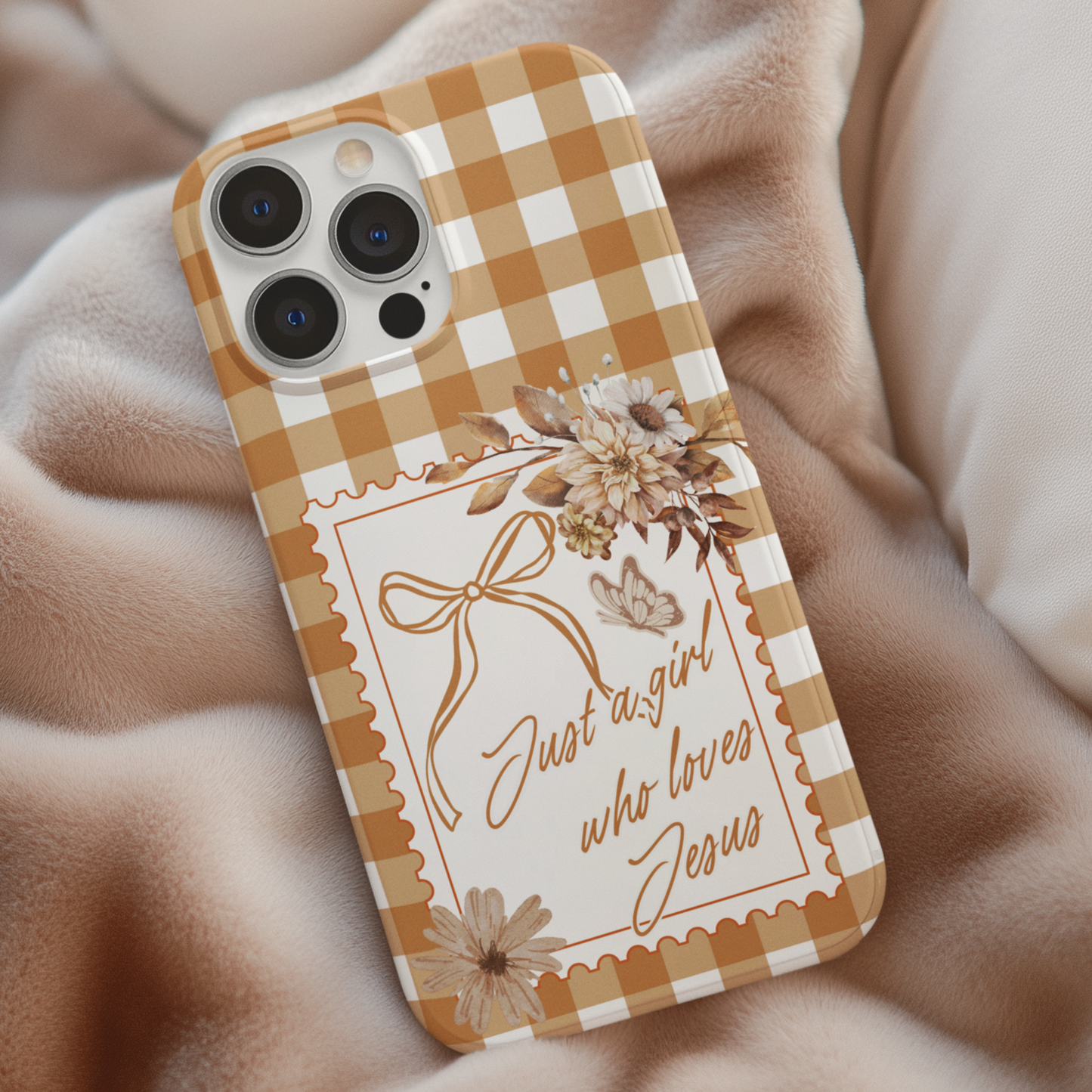 Just a Girl who Loves Jesus Phone Case- Gingham Phone Cover Gift for Christian Friend - Tough Phone Case with a Preppy Vintage and Trendy Stamp design.