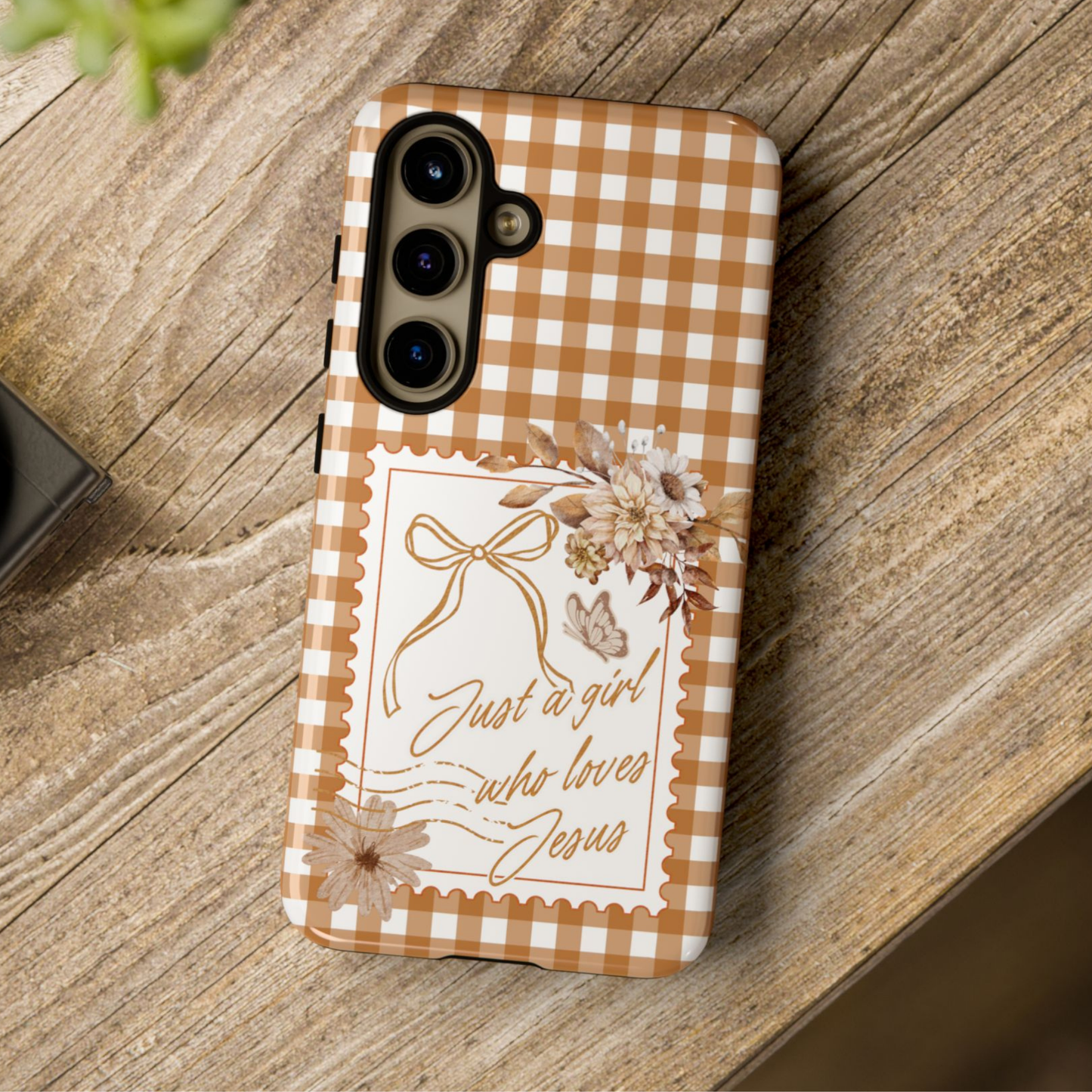 Just a Girl who Loves Jesus Phone Case- Gingham Phone Cover Gift for Christian Friend - Tough Phone Case with a Preppy Vintage and Trendy Stamp design.
