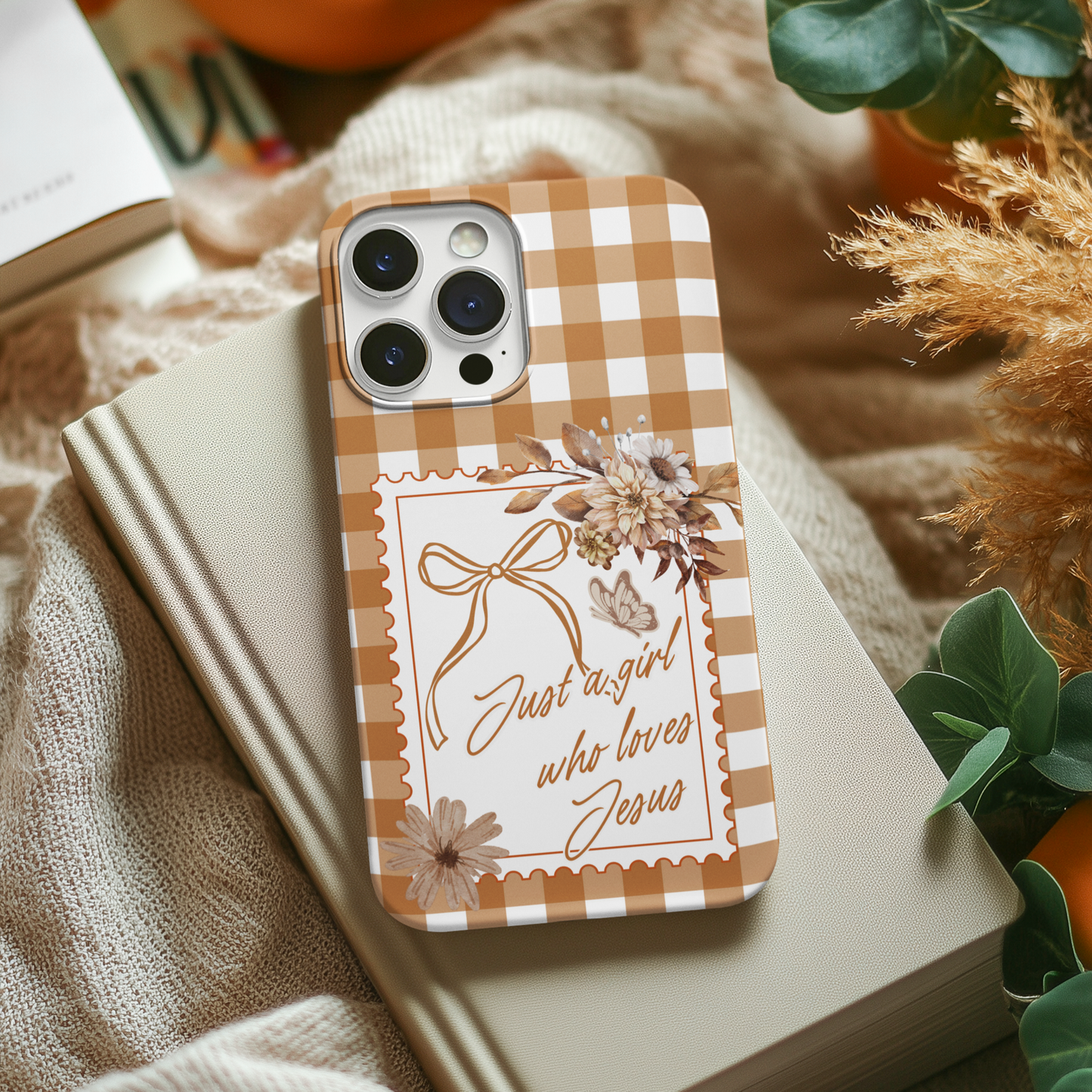 Just a Girl who Loves Jesus Phone Case- Gingham Phone Cover Gift for Christian Friend - Tough Phone Case with a Preppy Vintage and Trendy Stamp design.