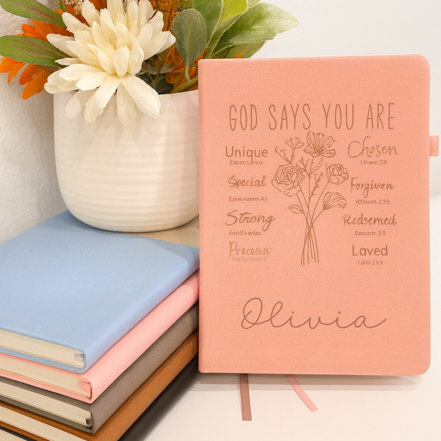 Custom Name Leather Journal - Personalized Birth Month Flower - God says You Are Bible Verse Affirmations - Bible Study Notebook - Gift for Women