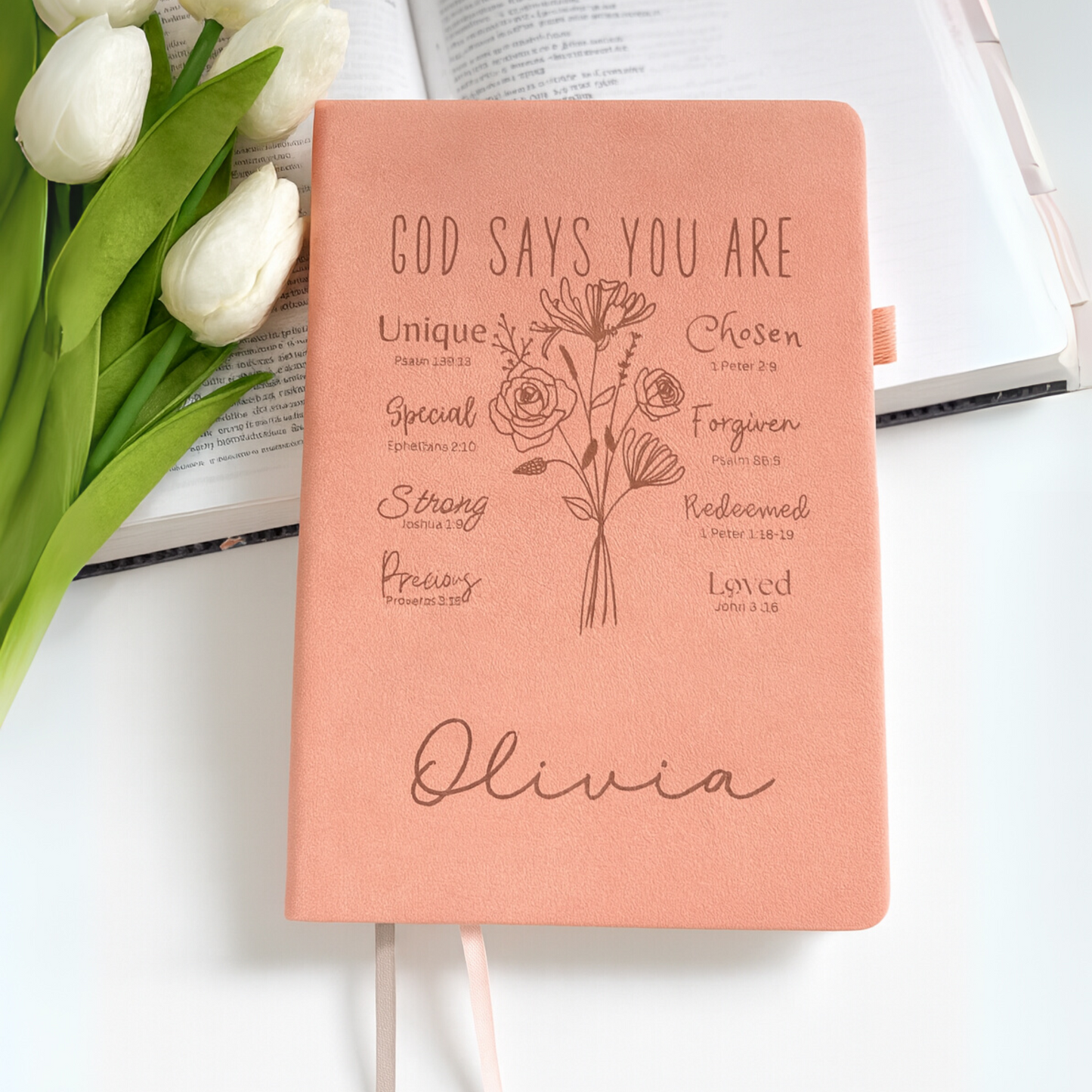 Custom Name Leather Journal - Personalized Birth Month Flower - God says You Are Bible Verse Affirmations - Bible Study Notebook - Gift for Women