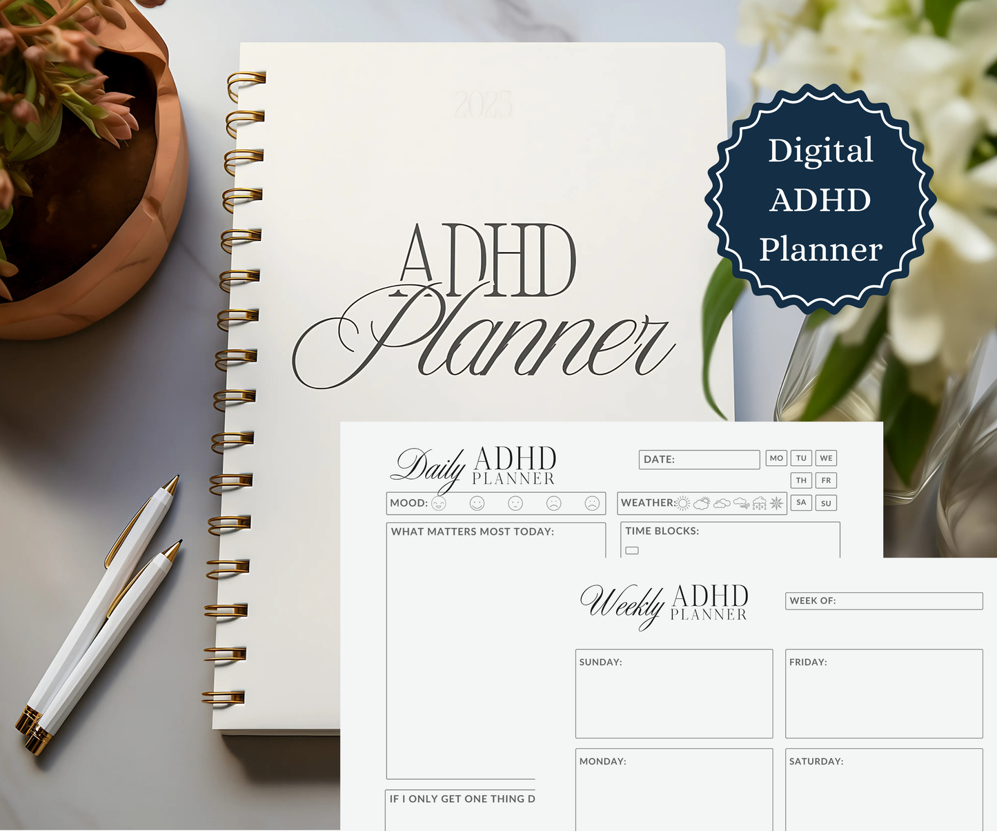 Minimalist ADHD Planner with Undated Daily Weekly and Monthly pages. Goodnotes and Notion compatible and Easy Printable PDF.