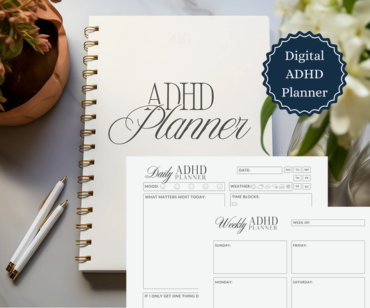 Minimalist ADHD Planner with Undated Daily Weekly and Monthly pages. Goodnotes and Notion compatible and Easy Printable PDF.