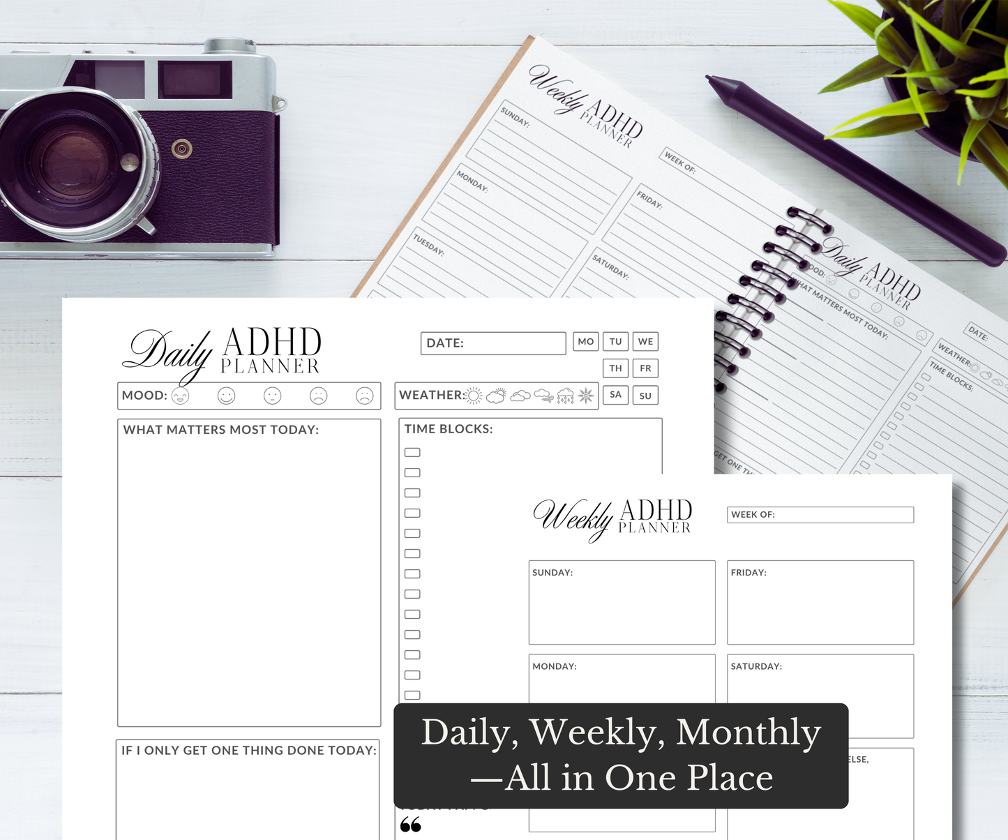 Minimalist ADHD Planner with Undated Daily Weekly and Monthly pages. Goodnotes and Notion compatible and Easy Printable PDF.
