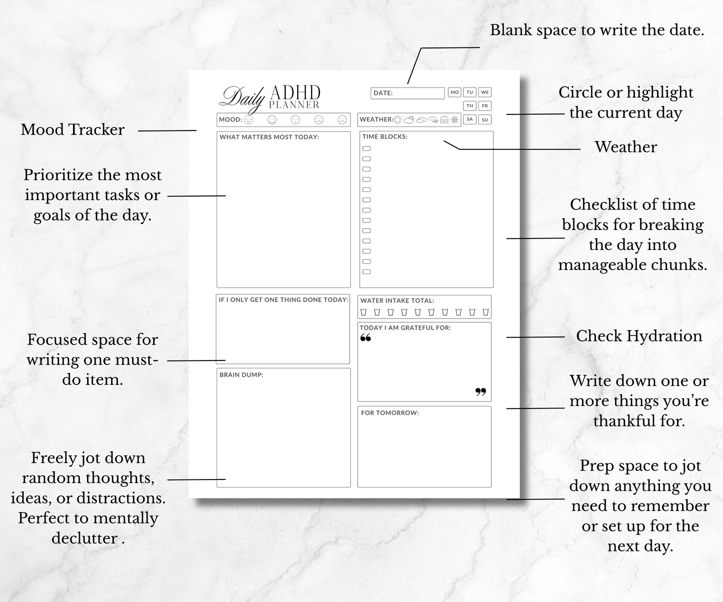 Minimalist ADHD Planner with Undated Daily Weekly and Monthly pages. Goodnotes and Notion compatible and Easy Printable PDF.