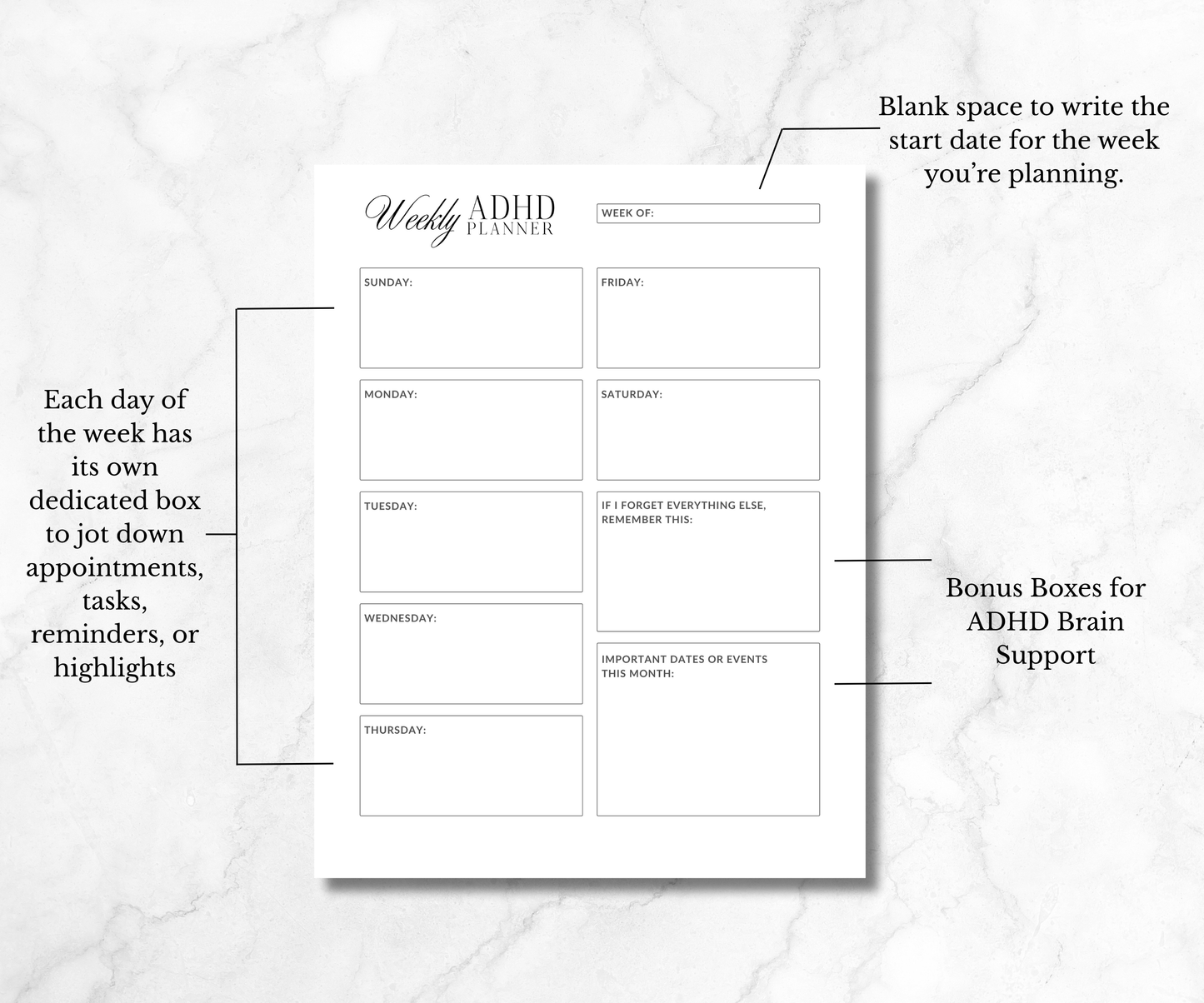 Minimalist ADHD Planner with Undated Daily Weekly and Monthly pages. Goodnotes and Notion compatible and Easy Printable PDF.