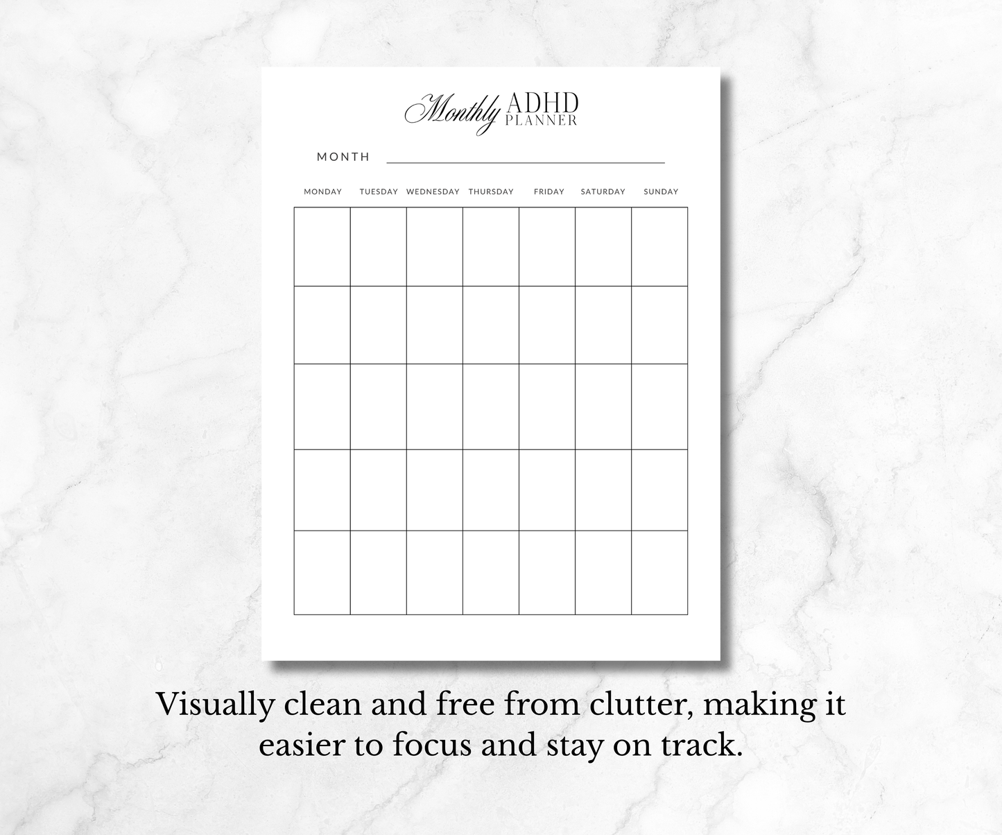 Minimalist ADHD Planner with Undated Daily Weekly and Monthly pages. Goodnotes and Notion compatible and Easy Printable PDF.