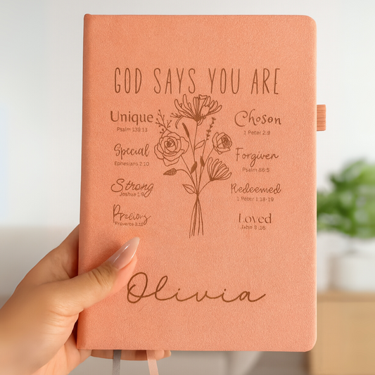 Custom Name Leather Journal - Personalized Birth Month Flower - God says You Are Bible Verse Affirmations - Bible Study Notebook - Gift for Women