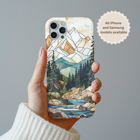 Nature Lover Phone Case - Stained Glass Bible Verse Phone cover - Faith can move Mountains Protective Case- Holiday Christian Gift