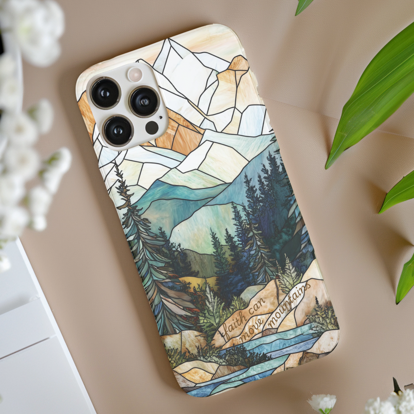 Nature Lover Phone Case - Stained Glass Bible Verse Phone cover - Faith can move Mountains Protective Case- Holiday Christian Gift