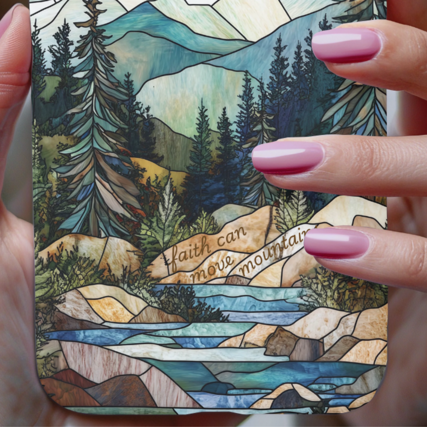 Nature Lover Phone Case - Stained Glass Bible Verse Phone cover - Faith can move Mountains Protective Case- Holiday Christian Gift