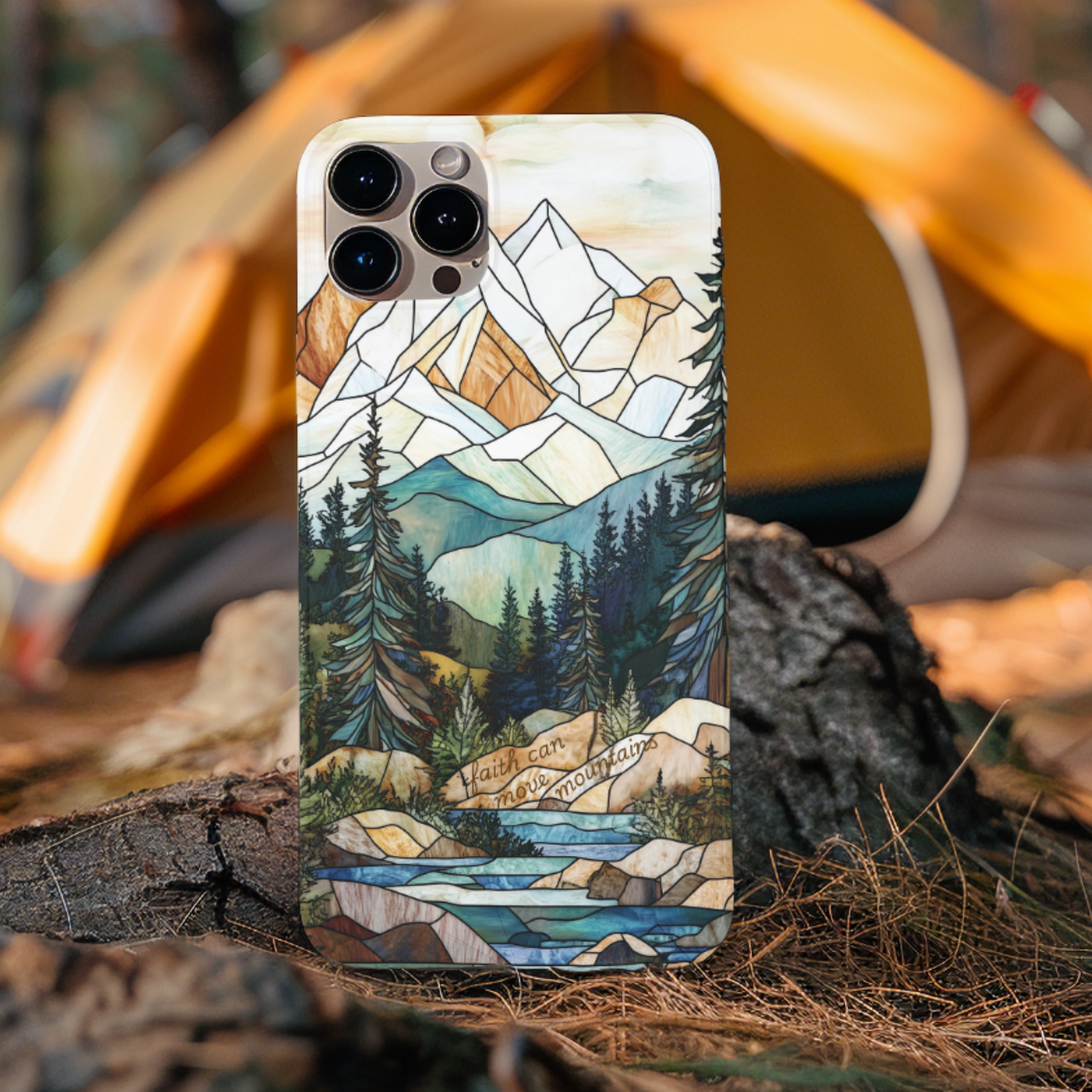 Nature Lover Phone Case - Stained Glass Bible Verse Phone cover - Faith can move Mountains Protective Case- Holiday Christian Gift