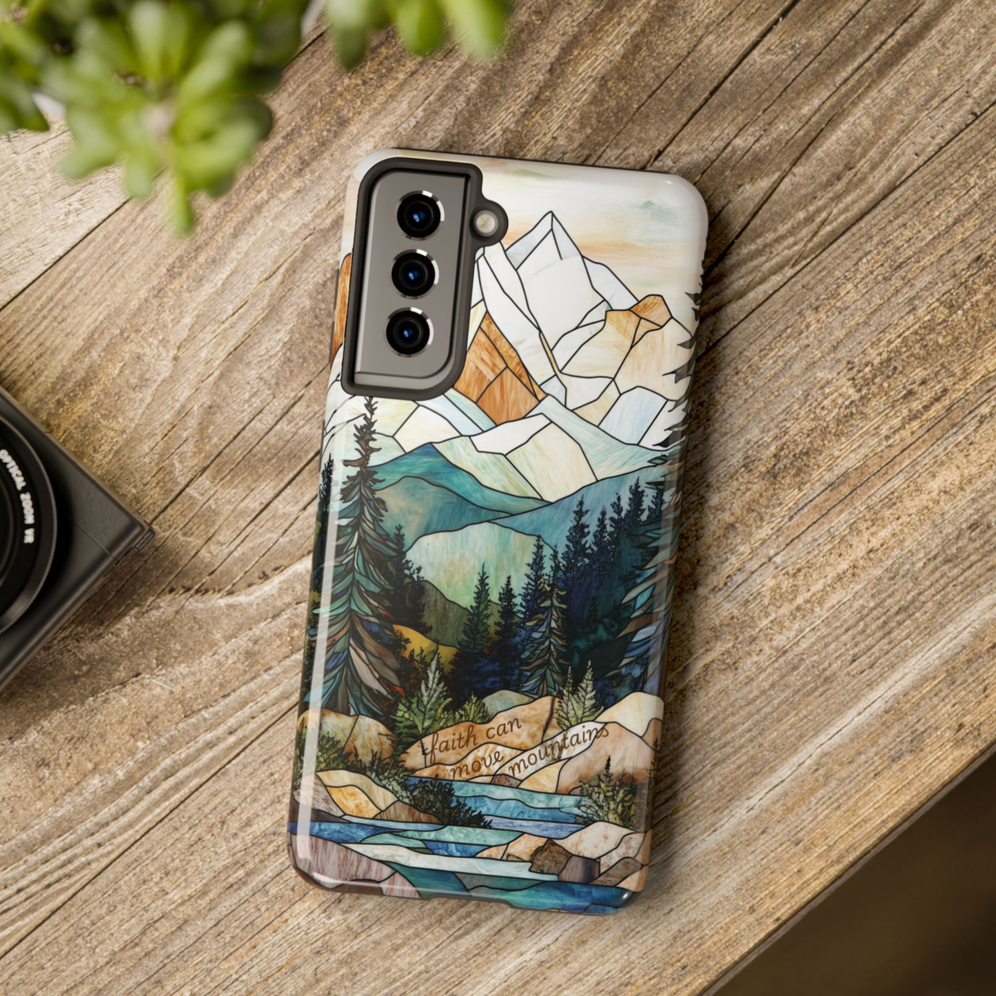 Nature Lover Phone Case - Stained Glass Bible Verse Phone cover - Faith can move Mountains Protective Case- Holiday Christian Gift