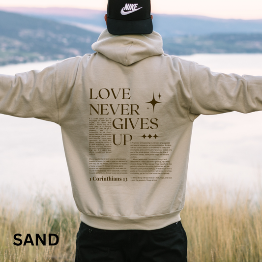 1 Corinthians 13 Hoodie and Sweatshirt - Bible Verse Love Never Gives Up - Religious Streetwear Long Sleeve Crewneck