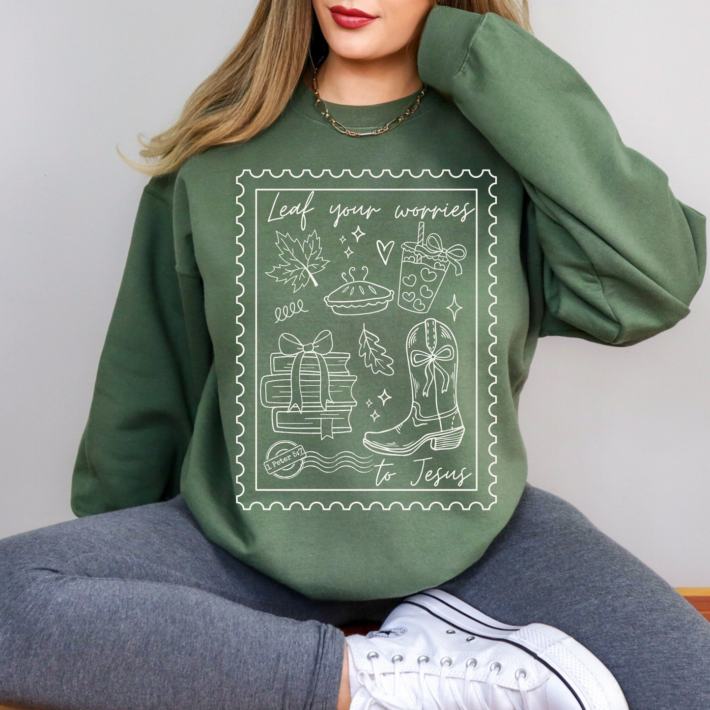 Christian Fall Sweatshirt - Leaf Your Worries to Jesus - Friendsgiving Gift - Autumn Birthday Present for Indoors Lover