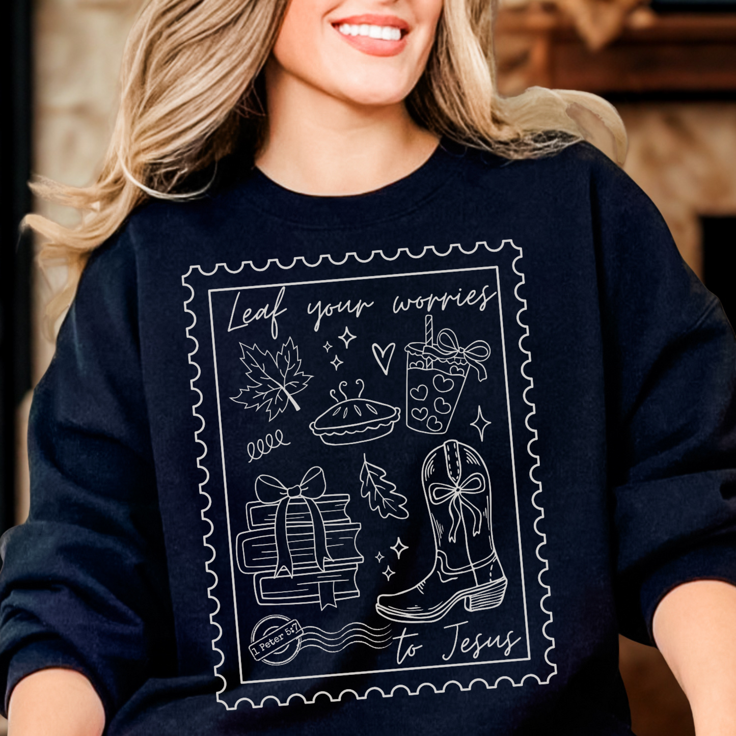 Christian Fall Sweatshirt - Leaf Your Worries to Jesus - Friendsgiving Gift - Autumn Birthday Present for Indoors Lover