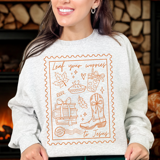 Christian Fall Sweatshirt - Leaf Your Worries to Jesus - Friendsgiving Gift - Autumn Birthday Present for Indoors Lover