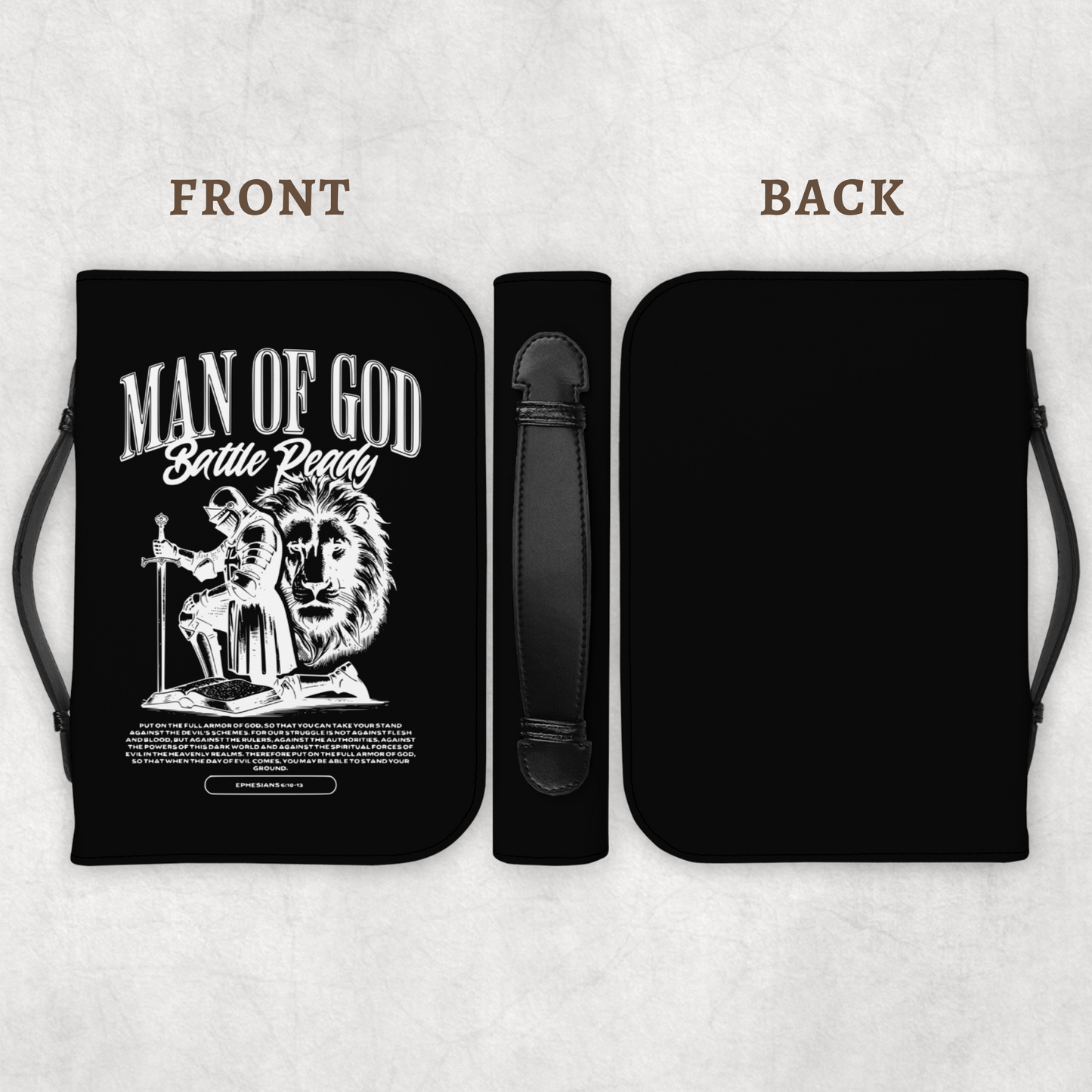 Black Bible bag with 'Man of God, Battle Ready' design on a white background