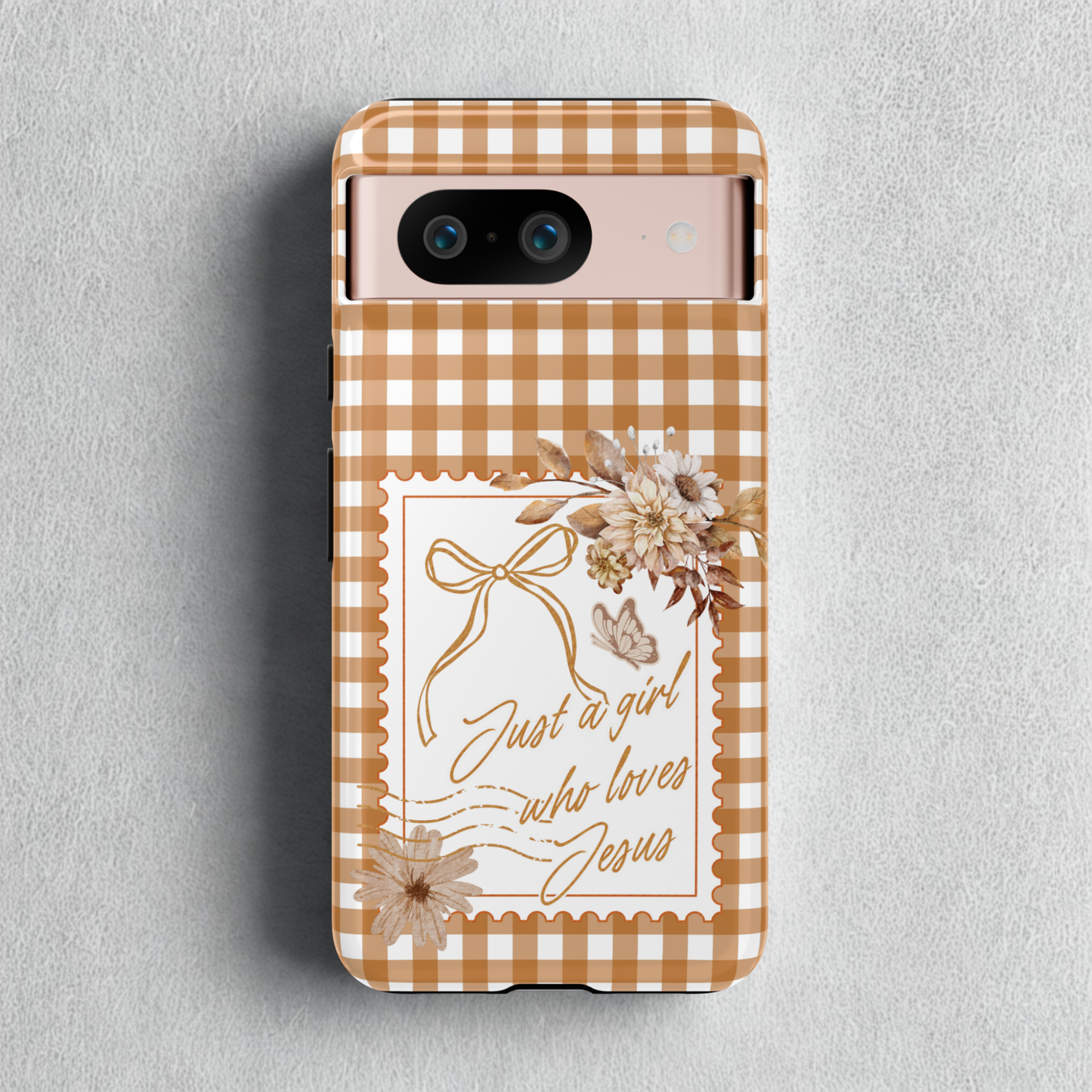 Just a Girl who Loves Jesus Phone Case- Gingham Phone Cover Gift for Christian Friend - Tough Phone Case with a Preppy Vintage and Trendy Stamp design.