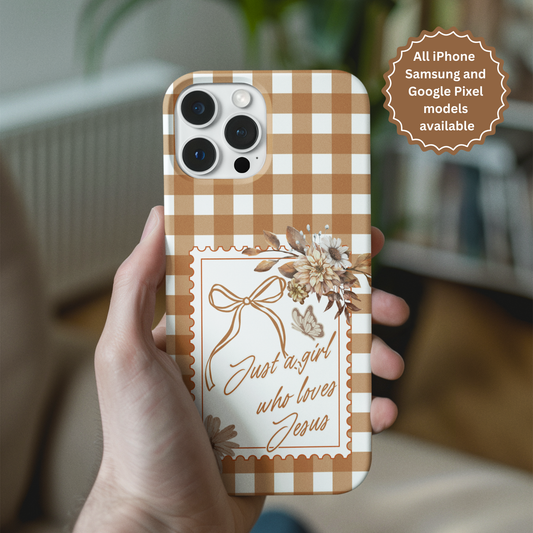 Just a Girl who Loves Jesus Phone Case- Gingham Phone Cover Gift for Christian Friend - Tough Phone Case with a Preppy Vintage and Trendy Stamp design.