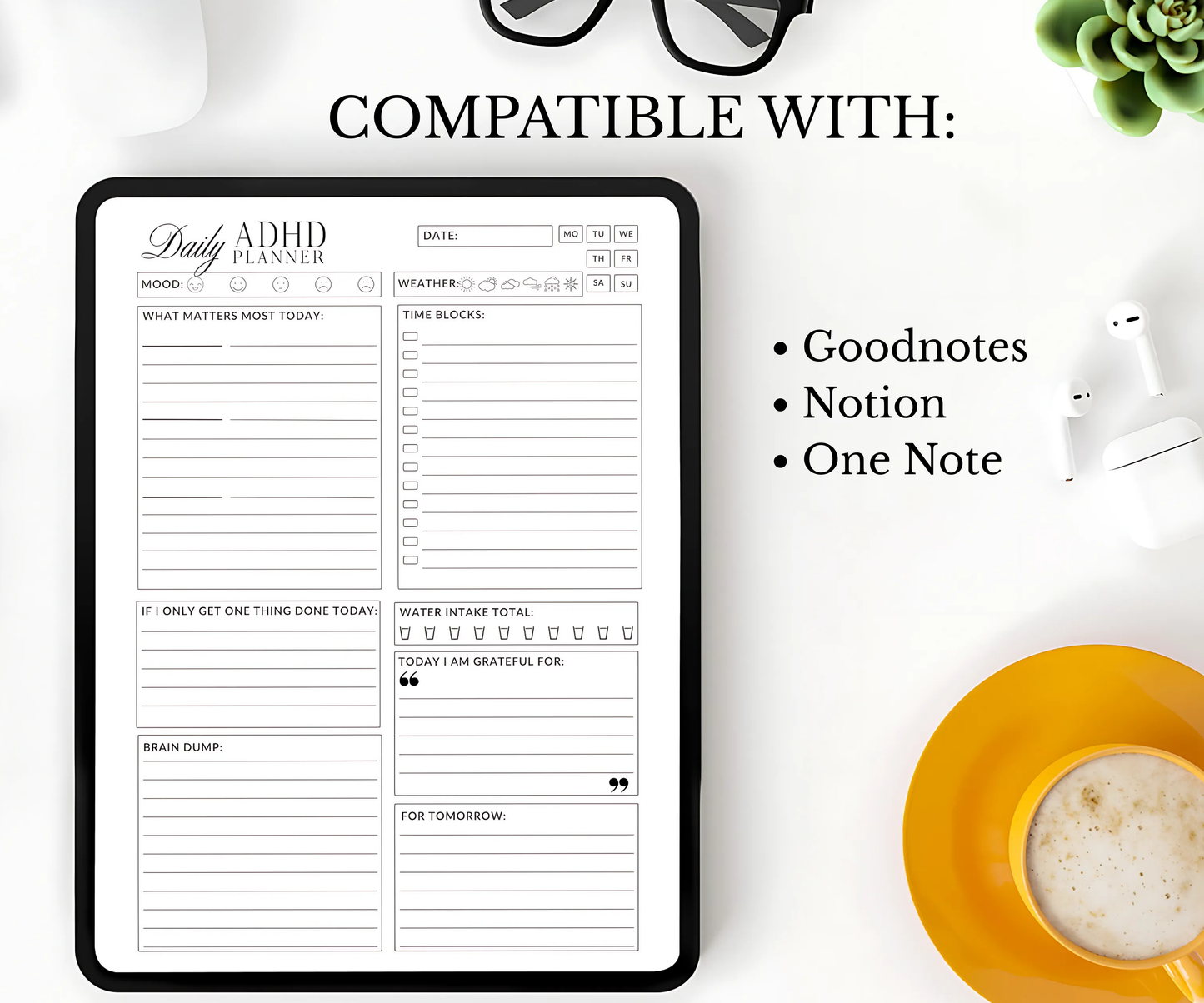Minimalist ADHD Planner with Undated Daily Weekly and Monthly pages. Goodnotes and Notion compatible and Easy Printable PDF.