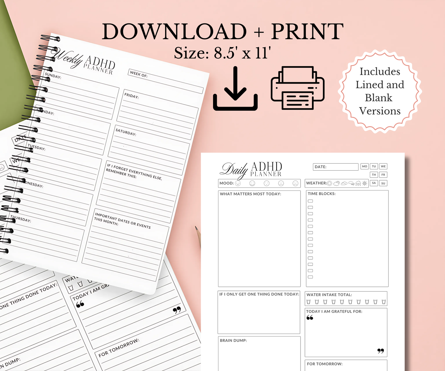 Minimalist ADHD Planner with Undated Daily Weekly and Monthly pages. Goodnotes and Notion compatible and Easy Printable PDF.