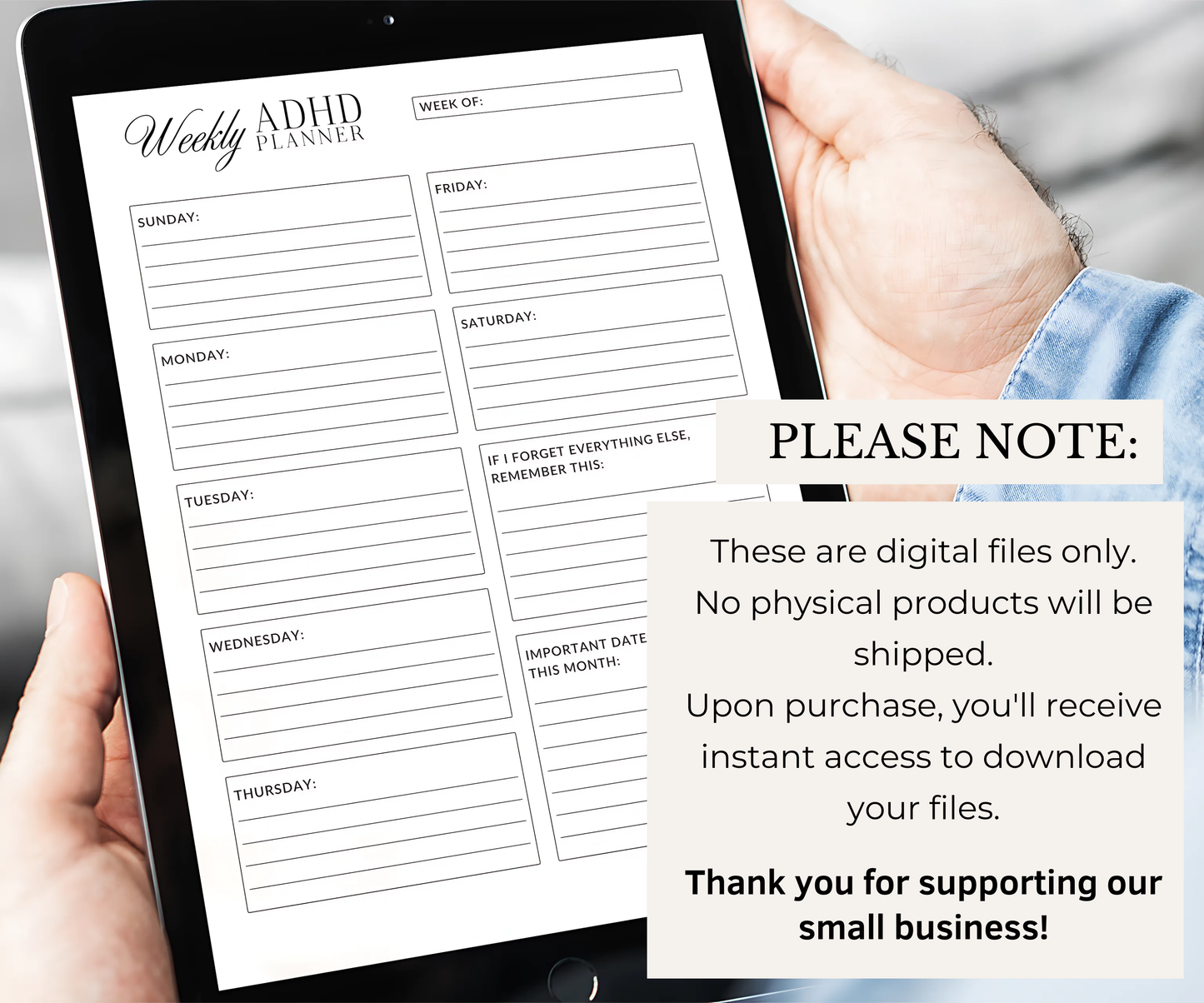 Minimalist ADHD Planner with Undated Daily Weekly and Monthly pages. Goodnotes and Notion compatible and Easy Printable PDF.